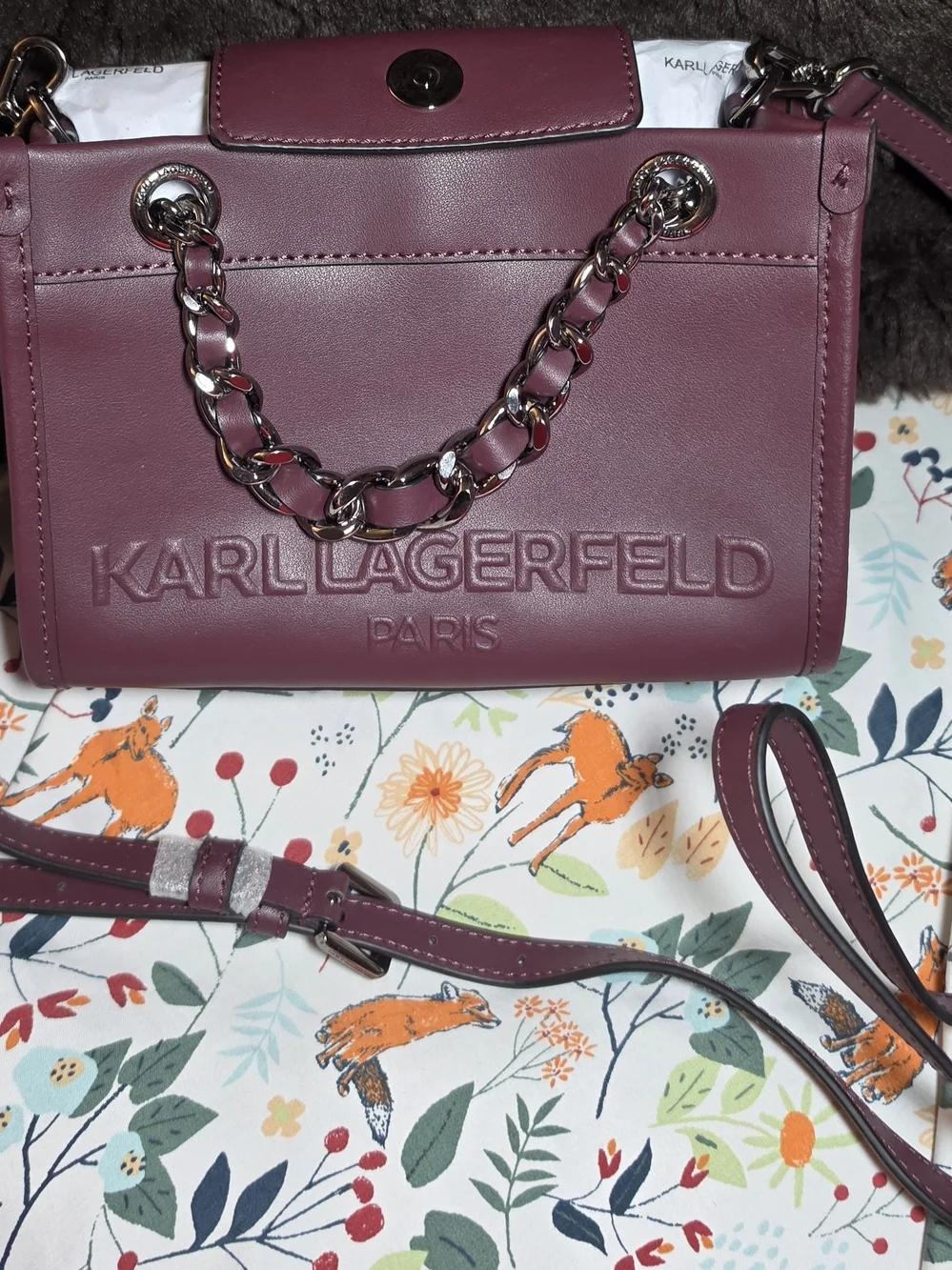 Karl Lagerfeld Paris Savoie Wine Small Leather Crossbody Bag Chain Handles
